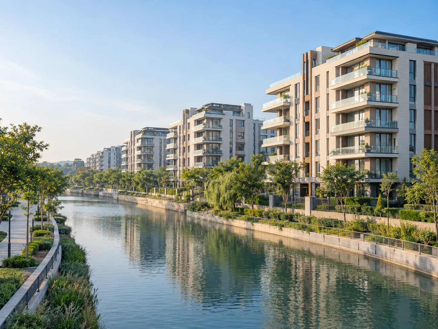 Illustrative residential architecture beside landscaped water