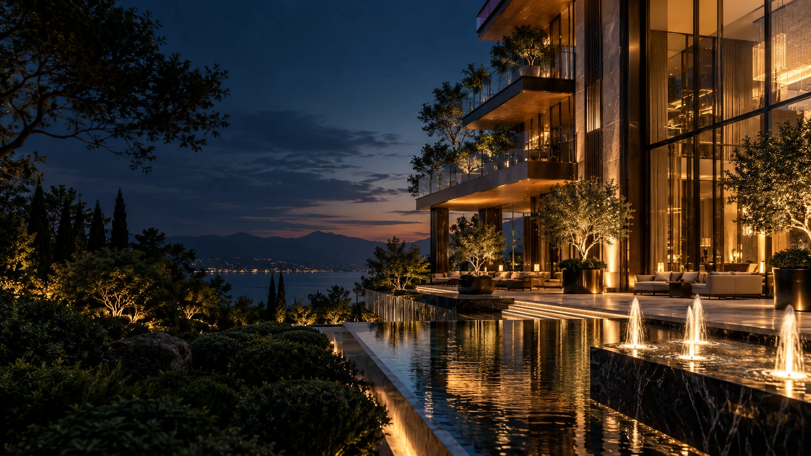 Illustrative luxury architecture at dusk with warm lighting and reflecting pools